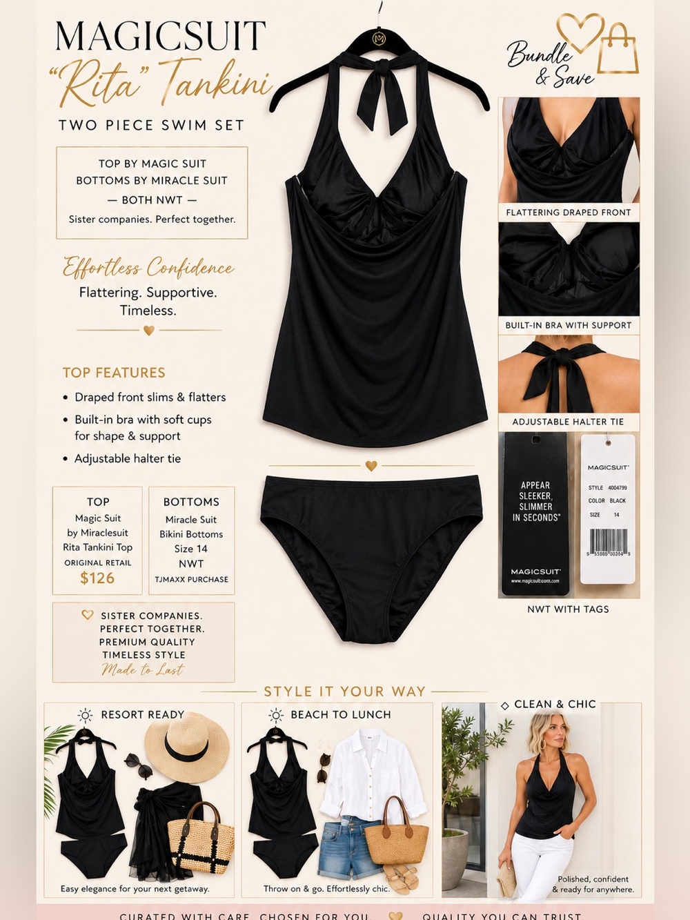 NWT MagicSuit Black “Rita” Tankini Top + Miraclesuit Black Bikini Bottom | Sz 14